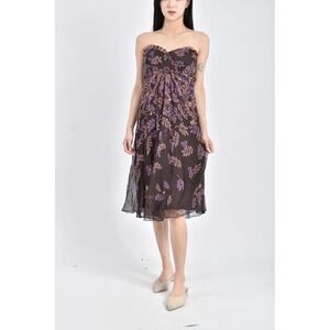 VERA WANG 2 Strapless Silk Chiffon Dress Earthtones Leaf Print Designer Boho
